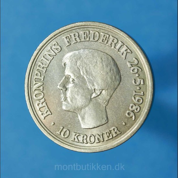10 kr 1986 kobbernikkel "Kronprinsens 18 rs fdselsdag" - frste mnttype med Kong Frederik d. 10. 