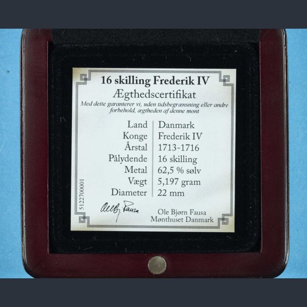 16 skilling Frederik IV 1713-1716 - i skrin m. certifikat
