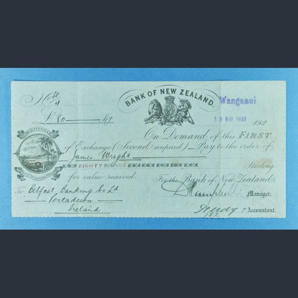 New Zealand - Veksel p 80 pund - Bank Of New Zealand 13.maj 1930 - kv.1+