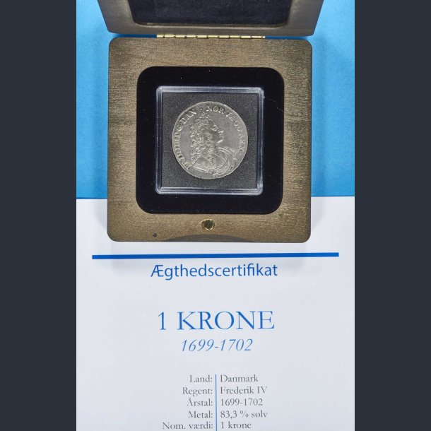 Danmark 1 krone 1702 i skrin med certifikat