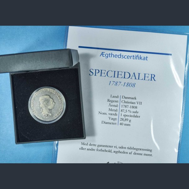 Speciedaler 1787-1808 i skrin med tilhrende certifikat