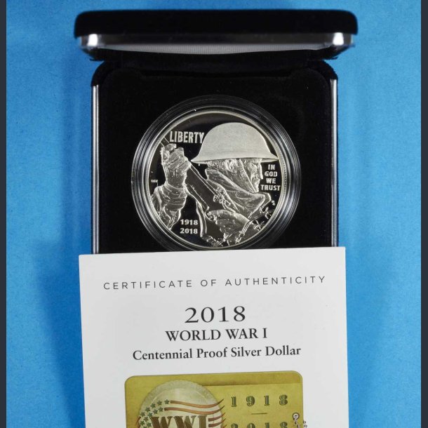 USA 1 Dollar 2018 slv Proof - World War I Centennial - i skrin med certifikat