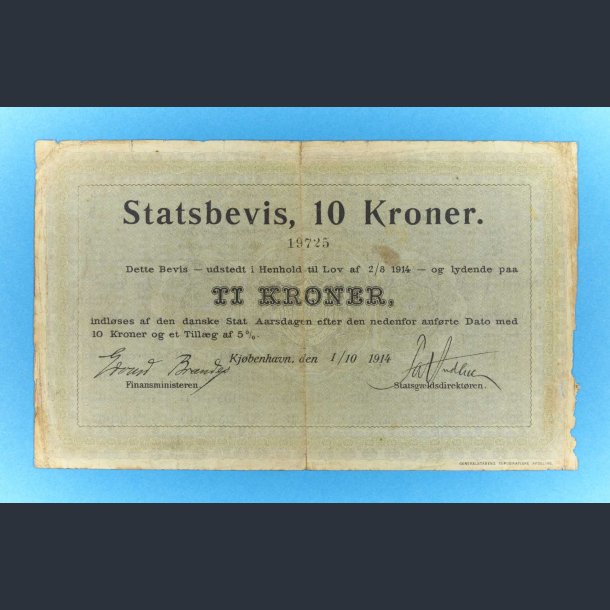 Danmark Statsbevis, 10 kroner 1914  