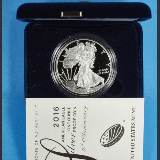 USA 1 dollar 2016 Proof 1 oz slv - American Eagle i skrin med certifikat