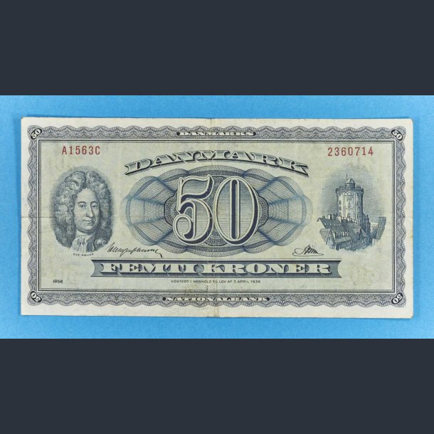 Danmark 50 kr. 1956 seddel - Haugen Johansen - kv.1+