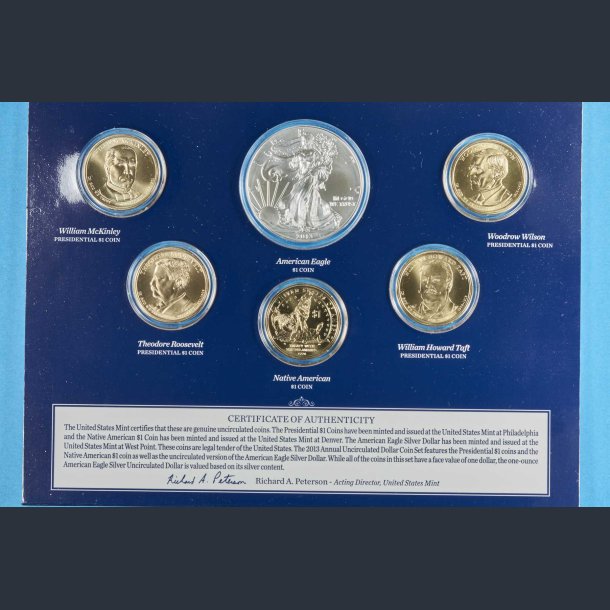 USA 2013 Dollarst m. 1 slvdollar og 4 prsident dollars samt 1 Native American dollar