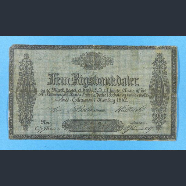 Fem Rigsbankdaler - Reklameseddel for Landslotteriet i Hamborg 1862