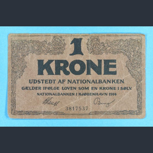 Danmark 1 kr. 1914 - Sjlden variant med "knk" p 1 talstap. - kv.1-