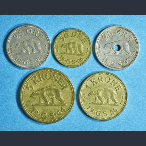 Grnlandsst 25 re til 5 kr. 1926 - 1944 komplet