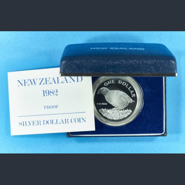 New Zealand slvdollar 1982 Proof - The Takahe i mntskrin