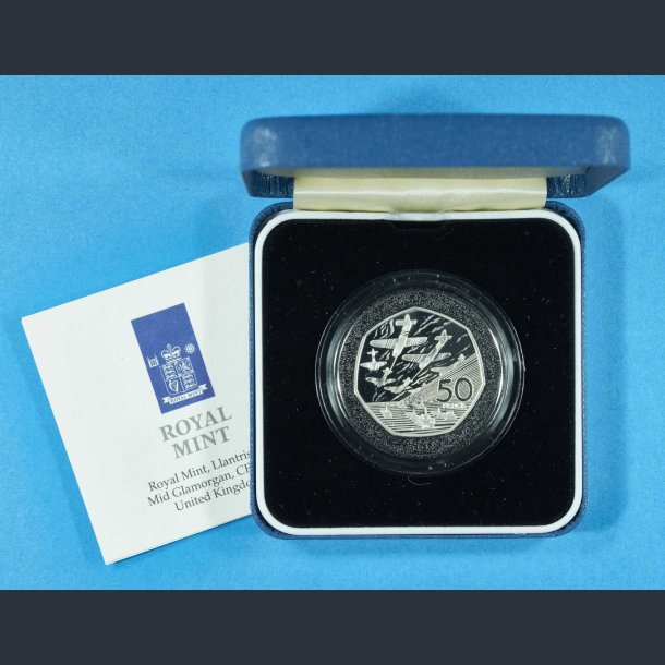 United Kingdom 1994 Silver Proof Piedfort D-Day Fifty Pence Coin i mntskrin med certifikat